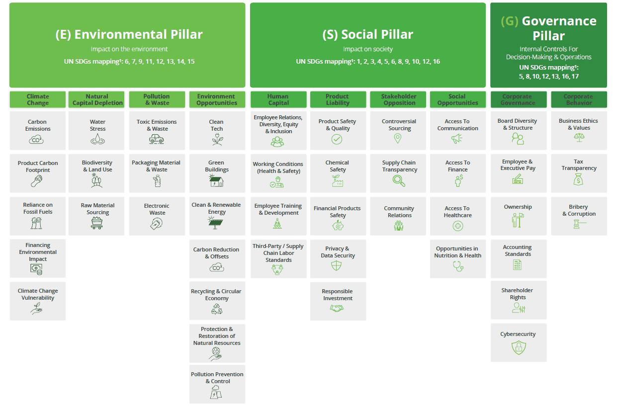Infographic showing the 3 pillars of ESG and all of the building blocks that make up each